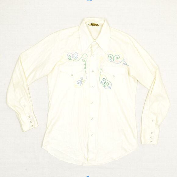Tem Tex Men Western Pearl Snap Shirt Polyester Beige Size 15 / 35 VtG Stained - Picture 1 of 8